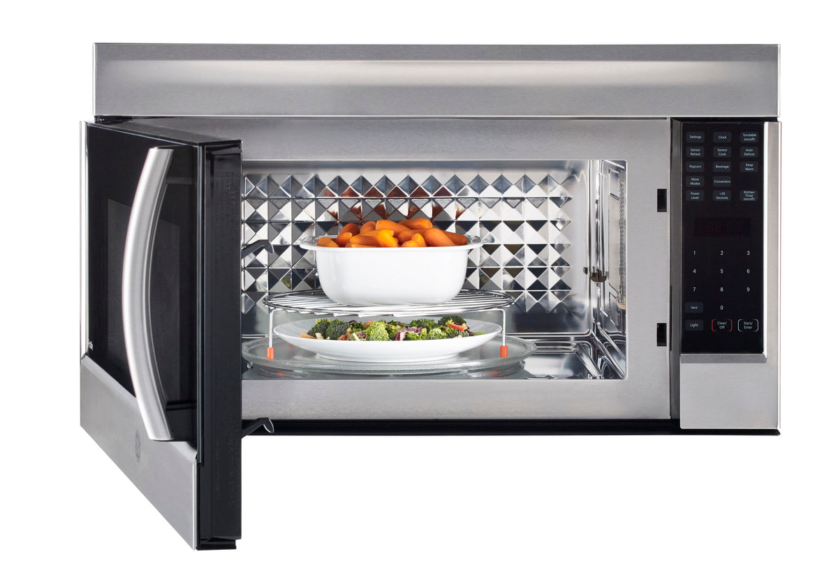GE 1.8 cu. Ft. OTR convection microwave oven with 3 speed 400 CFM